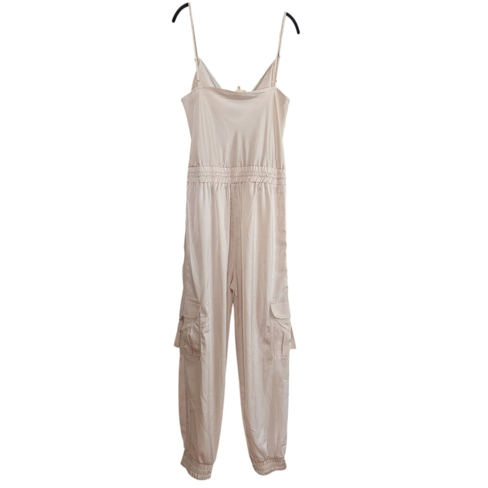 Promesa Champagne Satin Cargo Jumpsuit XL | Cowl Neck Elastic Waist Pockets - Picture 9 of 13